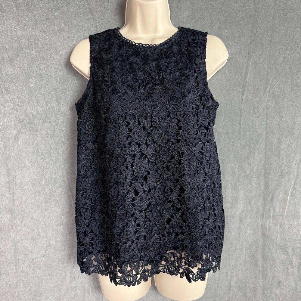 Ann Taylor PS Petite‎ Navy Blue Tank Top Floral Lace Sleeveless Blouse Office